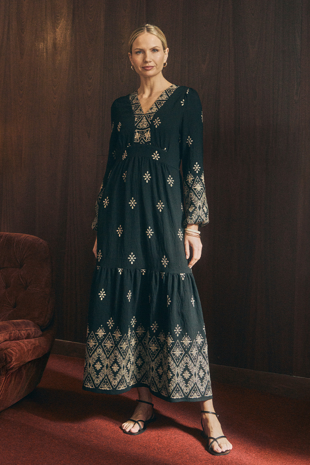 Border Print Long Sleeve Maxi Dress Front View