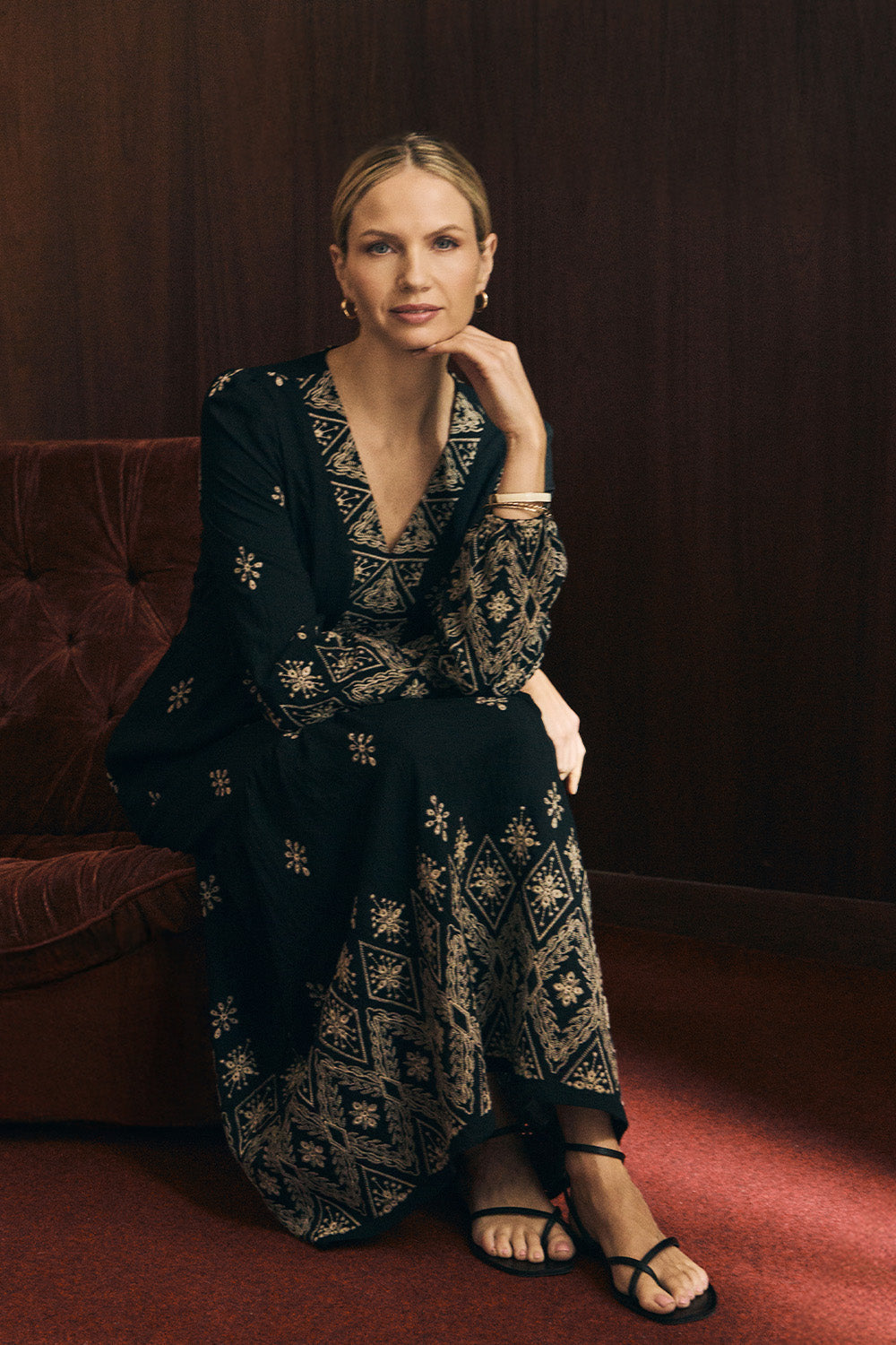 Border Print Long Sleeve Maxi Dress Back View