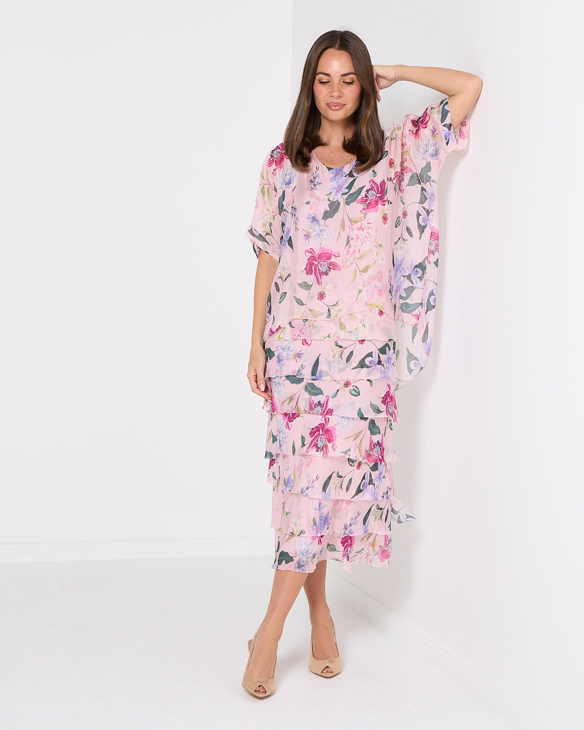 Women's Margo silk blend layered midi dress in Pink Floral