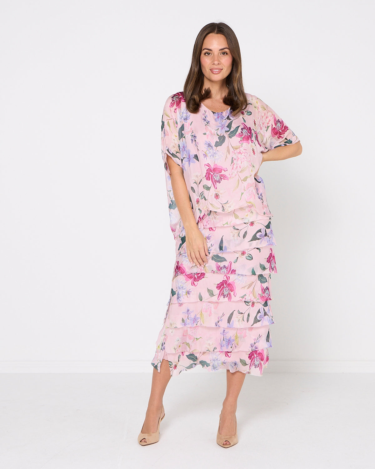 Women's Margo silk blend layered midi dress in Pink Floral