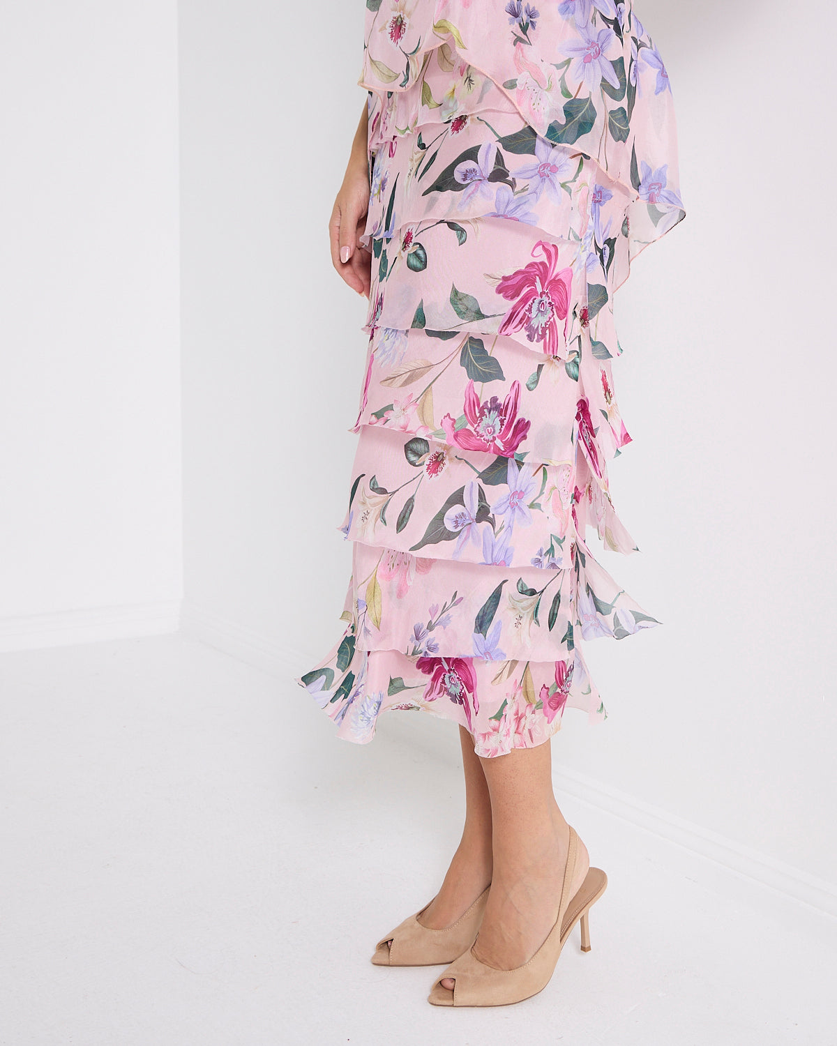 Women's Margo silk blend layered midi dress in Pink Floral