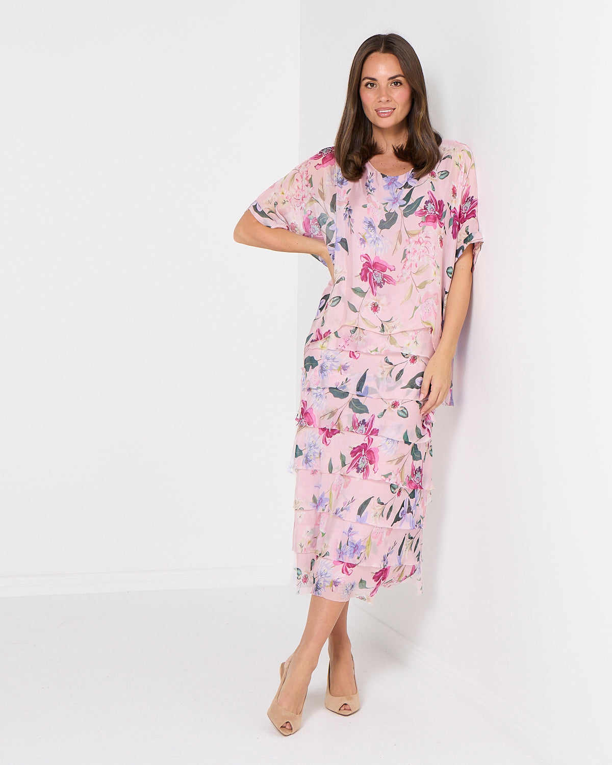Women's Margo silk blend layered midi dress in Pink Floral